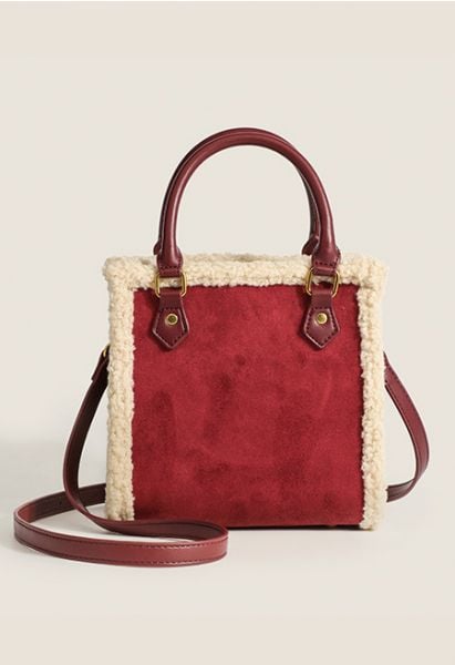 Contrast Lambswool Trim Shoulder Bag in Burgundy