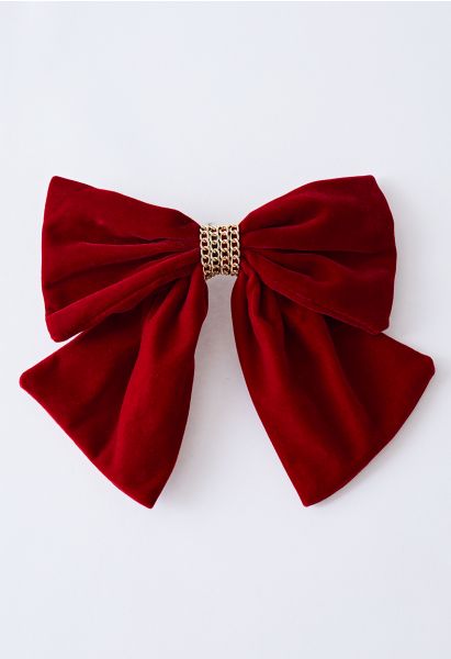 Velvet Bowknot Gold Chain Hair Clip in Burgundy