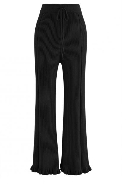 Ruffle Flare Hem Ribbed Knit Pants in Black