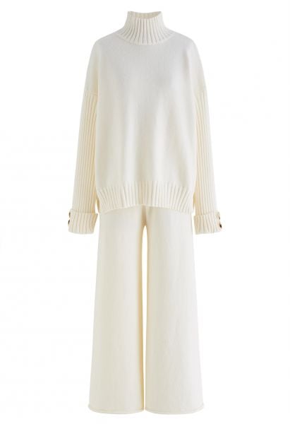 High Neck Buttoned Cuff Sweater and Knit Pants Set in Cream