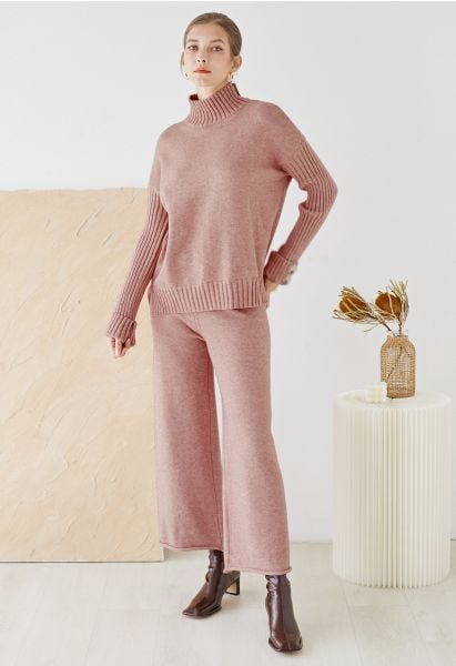 High Neck Buttoned Cuff Sweater and Knit Pants Set in Pink