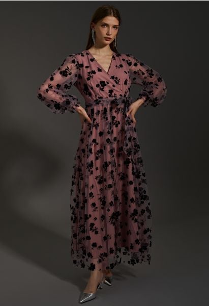 3D Posy Mesh Wrap Maxi Dress in Pink