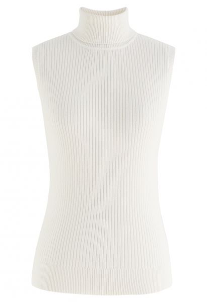 Turtleneck Soft Knit Sleeveless Top in White