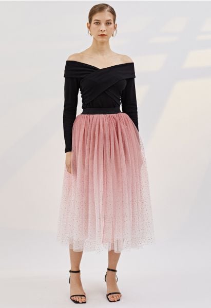 Festive Sparkle Ombre Tulle Midi Skirt in Pink