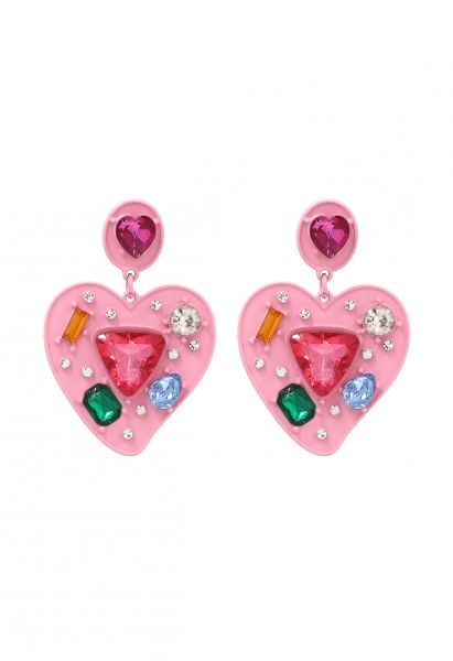 Heart Shape Multi Color Crystal Earrings in Pink