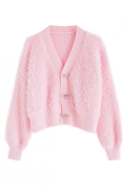 Bowknot Brooch Fuzzy Knit Cardigan in Pink