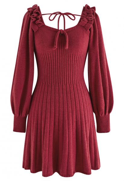 Tie-Bow Scoop Neck Knit Mini Dress in Red