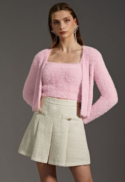 Extra Soft Fuzzy Knit Cami Top and Cardigan Set in Pink