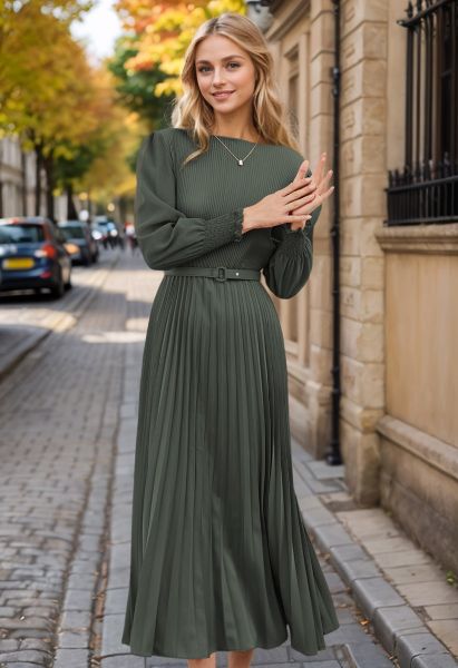 Full Pleated Belted Maxi Dress in Dark Green