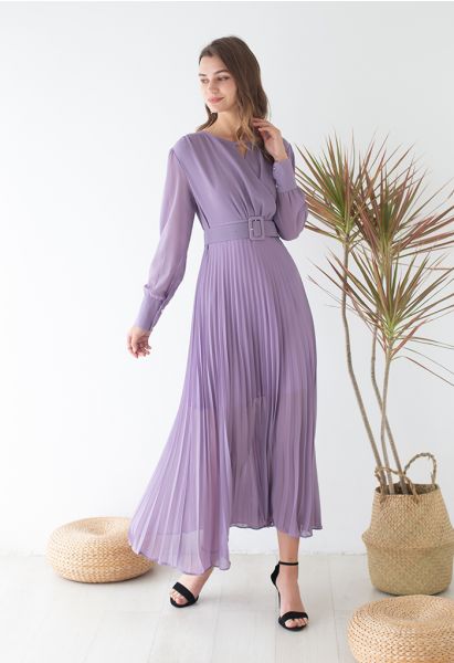 Flowy Chiffon Wrap Pleated Maxi Dress in Lilac