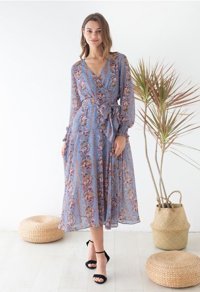 Flower Vines Printed Dots Jacquard Wrap Dress in Blue