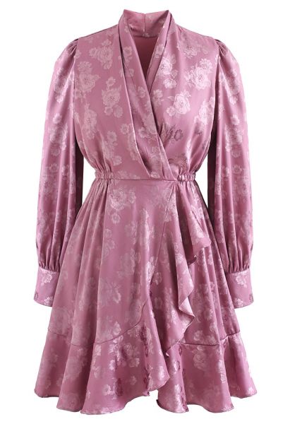 Asymmetric Ruffle Hem Wrap Satin Dress in Jacquard Flower