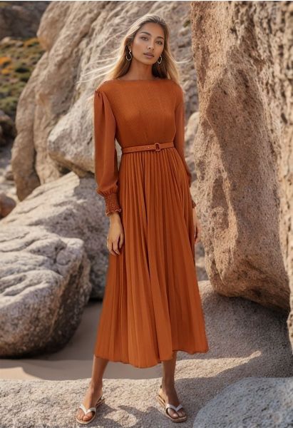 Full Pleated Belted Maxi Dress in Pumpkin