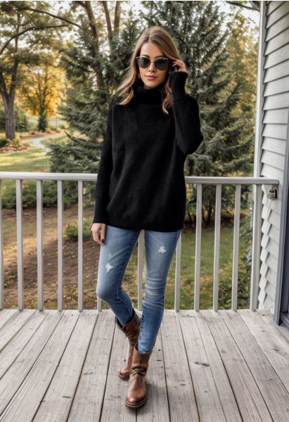 Cozy Ribbed Turtleneck Sweater in Black