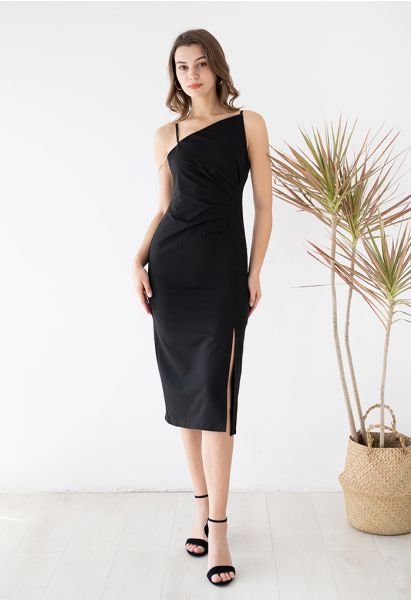 Oblique Neck Split Bodycon Black Dress