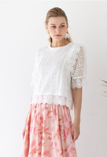 Floret Cutwork Scalloped Edge Crochet Top in White