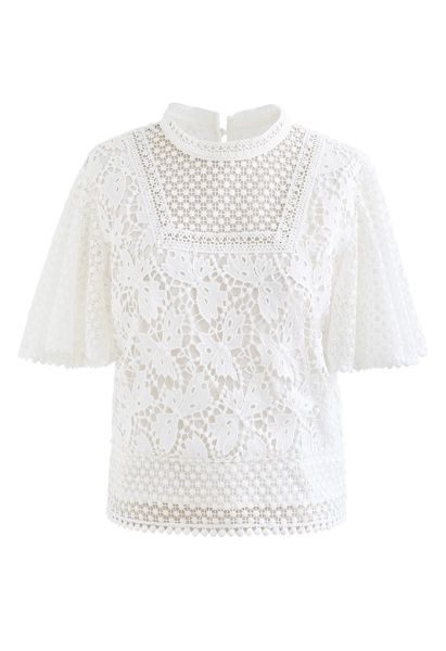 Bliss Flutter Sleeve Full Crochet Top in White