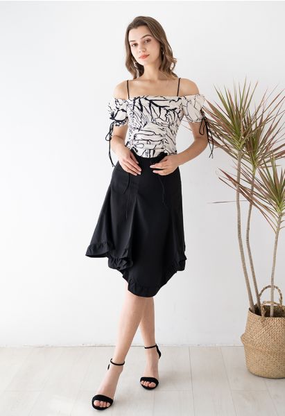 Asymmetric Flare Ruffle Hem Black Midi Skirt