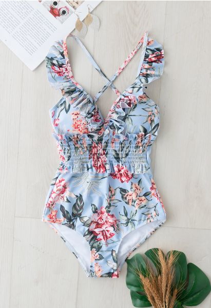 Flower Print Ruffle Shirring Swimsuit