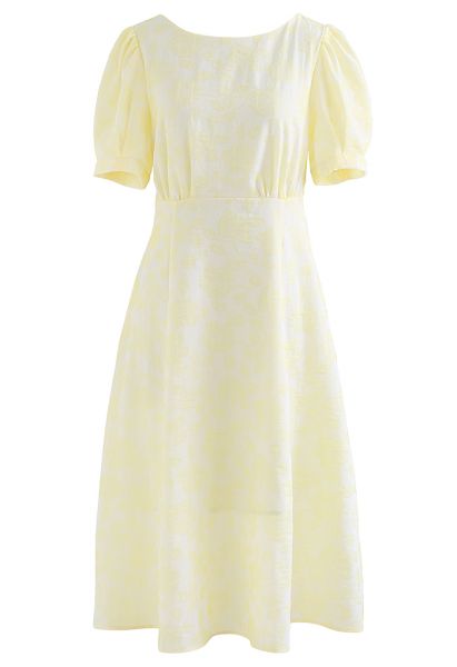 Shirred Cutout Back Blossom Jacquard Dress in Yellow