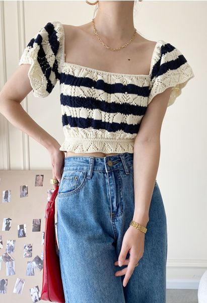 Flare Sleeve Striped Knit Crop Top