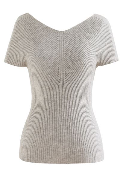 V-Neck Short-Sleeve Fitted Knit Top in Linen