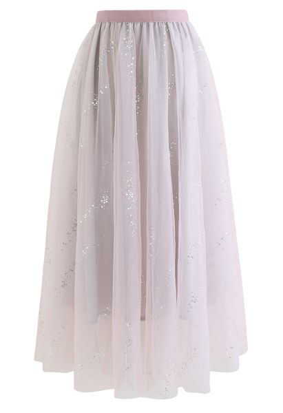 Shimmery Sequin Mix-Color Mesh Maxi Skirt in Dusty Pink