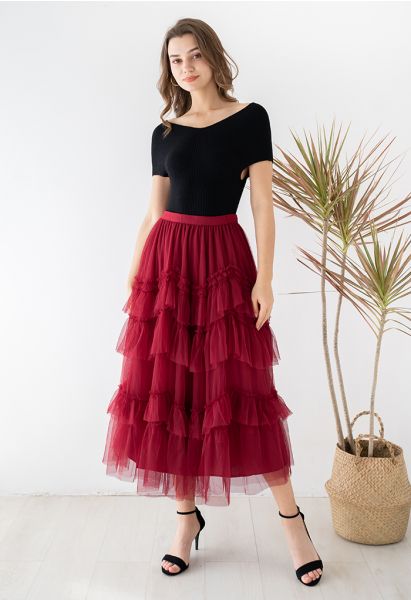 Exquisite Tiered Ruffle Mesh Tulle Skirt in Red