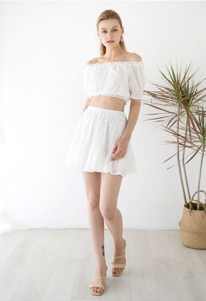 Flock Dot Off-Shoulder Crop Top and Skirt Set in White