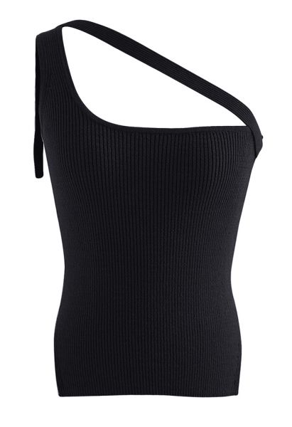 Button Strap One-Shoulder Knit Tank Top in Black