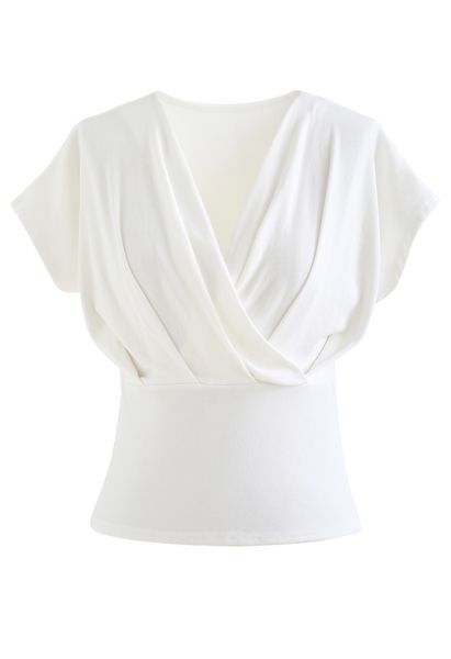 Ultra-Soft Short-Sleeve Cotton Wrap Top in White