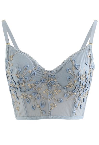 Branch Embroidered Mesh Bra Top in Dusty Blue