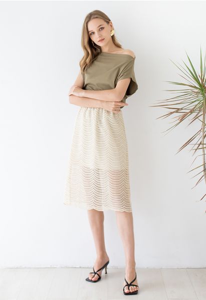 Ripple Crochet High Waist Midi Skirt in Cream