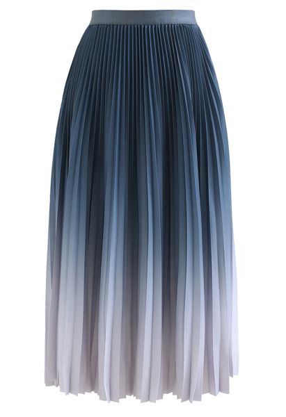 Blue Gradient Pleated Midi Skirt