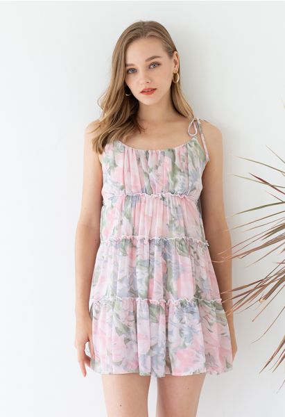 Pastel Flower Ruffle Trim Chiffon Cami Dress