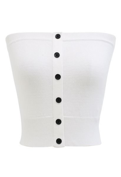 Buttoned Front Strapless Crop Knit Top in White