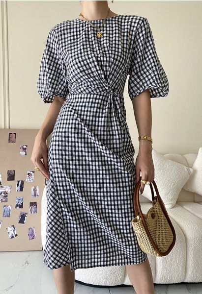 Gingham Knot Front Cutout Dress