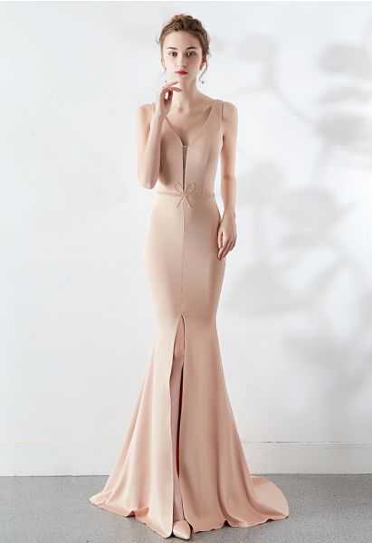 Beaded Bowknot Split Mermaid Satin Gown in Apricot