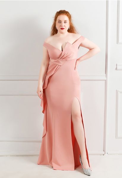 Off-Shoulder Cascade Ruffle Split Satin Gown in Pink