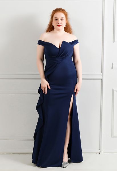 Off-Shoulder Cascade Ruffle Split Satin Gown in Navy