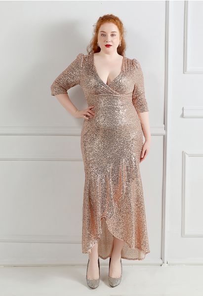 Elbow Sleeve Ruffle Sequined Gown in Champagne