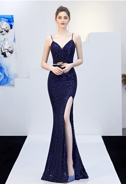 Split Side Sequined Wrap Cami Gown in Navy