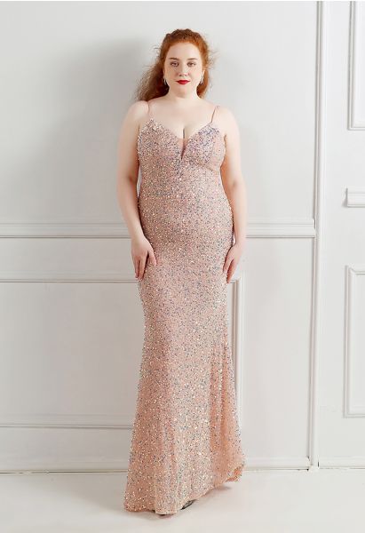 Mesh Inserted Sequined Mermaid Cami Gown in Pink