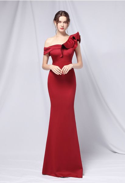 Ruffle One-Shoulder Mermaid Satin Gown in Burgundy