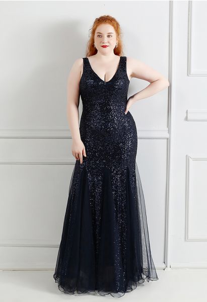 Mesh Panelled Sequined Mermaid Gown in Navy