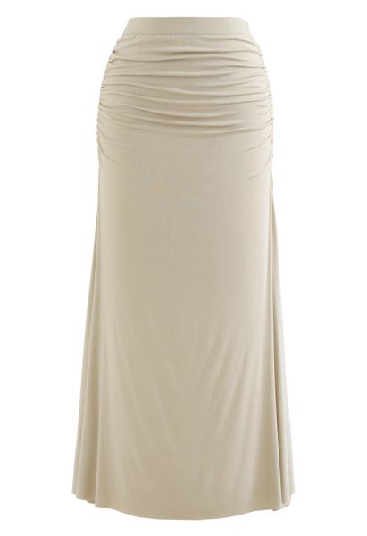 High Waist Ruched Detail Maxi Skirt in Sand