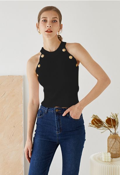 Golden Button Halter Neck Knit Tank Top in Black