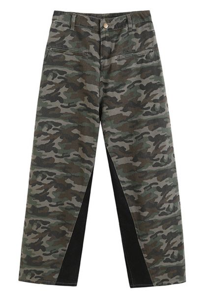 Camouflage Print Spliced Wide Leg Jeans