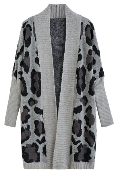 Fuzzy Leopard Batwing Sleeves Open Front Cardigan in Grey