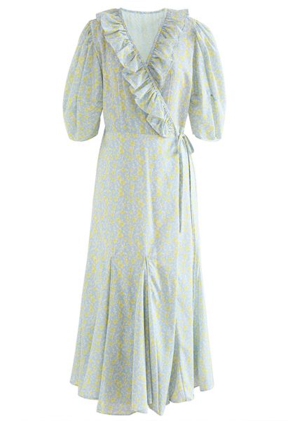 Ruffle Trim V-Neck Floret Chiffon Dress in Light Blue